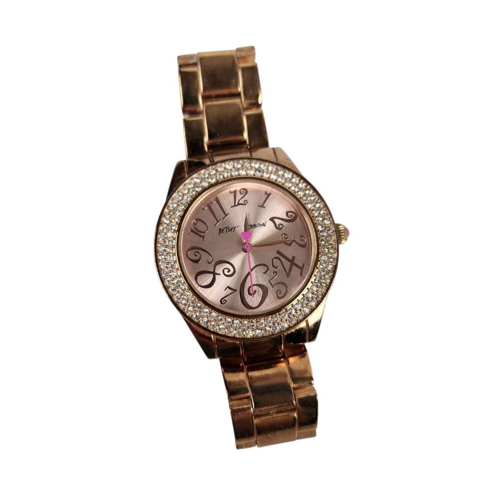 Betsey Johnson Gold Stainless Steel Crystal Rhinestone Large Number Watch Heart